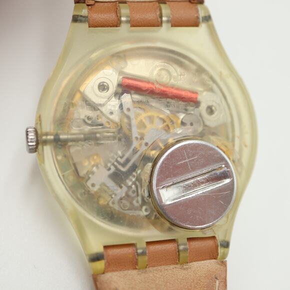 Vintage Swatch Croissant Chaud 2002 Swiss Watch 34mm Day Date Brown Leather